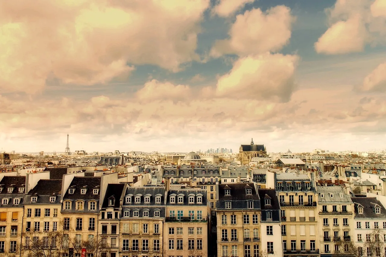 Toits de Paris sous un ciel nuageux, vus depuis les hauteurs